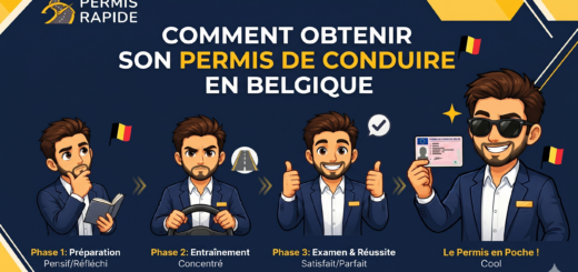 A landscape vector infographic banner for permisrapide.be, with the main French title 'COMMENT OBTENIR SON PERMIS DE CONDUIRE EN BELGIQUE' (How to Get Your Driving License in Belgium). The top left features the 'Permis Rapide' logo (road and speedometer icon) and text. The background is dark blue with yellow and white geometric accents. Below the title, a four-step horizontal process is illustrated with different avatars of the same man in a blue suit: Phase 1: Préparation (Pensif/Réfléchi): The character is shown looking thoughtful and holding a small book, with a small Belgian flag icon. Phase 2: Entraînement (Concentré): The character is shown driving a car with a steering wheel and a focused expression, next to a road icon. Phase 3: Examen & Réussite (Satisfait/Parfait): The character is shown smiling broadly and giving two thumbs-up, with a checkmark icon. Le Permis en Poche! (Cool): The character is shown wearing sunglasses, smiling, and proudly holding up a detailed Belgian driving license card, with a Belgian flag. Arrows indicate the flow between steps. At the bottom, text reads 'Blog: permisrapide.be' with geometric lines.