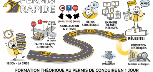 An intricate stick-figure infographic in a vector sketch style, detailing a 24-hour study plan for a Belgian driving theory exam. The 'Permis Rapide' logo is in the top-left. A winding road timeline structures the schedule: 18:30h starts with a panicked figure with books (LA CRISE); 19h-22h covers intersections (FAUTES GRAVES & PRIORITÉS); 22h-1h covers signs and speed limits (SIGNALISATION & VITESSE); 1h-8h focuses on rest (REPOS STRATÉGIQUE); and 8h-12h details practice exams (EXAMENS BLANCS INTENSIFS). The timeline ends at 14h00 with a victorious figure on a podium (RÉUSSITE!) scoring 43/50. Additional icons for STRESS MANAGEMENT and PERCEPTION DES RISQUES are present. The bottom features two lines of text: 'FORMATION THÉORIQUE AU PERMIS DE CONDUIRE EN 1 JOUR' and 'PERMIS RAPIDE - RÉUSSIR EN 24 HEURES'.