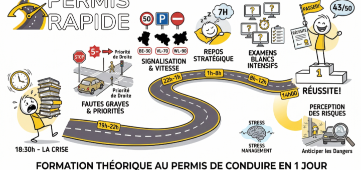 An intricate stick-figure infographic in a vector sketch style, detailing a 24-hour study plan for a Belgian driving theory exam. The 'Permis Rapide' logo is in the top-left. A winding road timeline structures the schedule: 18:30h starts with a panicked figure with books (LA CRISE); 19h-22h covers intersections (FAUTES GRAVES & PRIORITÉS); 22h-1h covers signs and speed limits (SIGNALISATION & VITESSE); 1h-8h focuses on rest (REPOS STRATÉGIQUE); and 8h-12h details practice exams (EXAMENS BLANCS INTENSIFS). The timeline ends at 14h00 with a victorious figure on a podium (RÉUSSITE!) scoring 43/50. Additional icons for STRESS MANAGEMENT and PERCEPTION DES RISQUES are present. The bottom features two lines of text: 'FORMATION THÉORIQUE AU PERMIS DE CONDUIRE EN 1 JOUR' and 'PERMIS RAPIDE - RÉUSSIR EN 24 HEURES'.