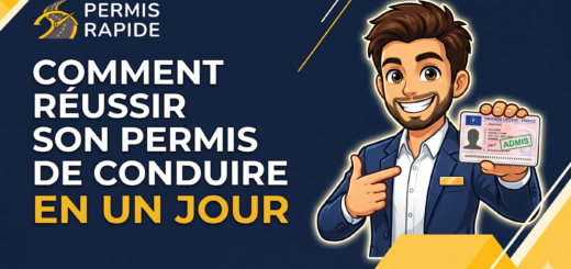 A promotional thumbnail for Permis Rapide with a dark blue background and yellow geometric accents. On the left, bold text reads 'COMMENT RÉUSSIR SON PERMIS DE CONDUIRE EN UN JOUR', with the last three words highlighted in yellow. On the right, a smiling cartoon avatar of a man in a blue suit enthusiastically points to a driver's license he is holding, which features a green 'ADMIS' stamp. The website permisrapide.be is displayed at the bottom.