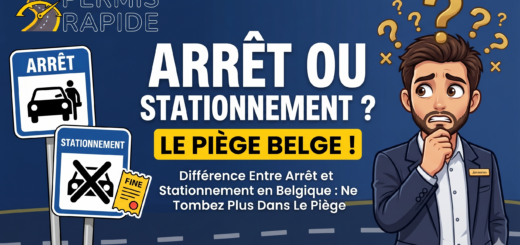An informative infographic from Permis Rapide, set against a dark blue background. On the right, a confused-looking cartoon man in a suit has question marks floating around his head. On the left, two Belgian traffic signs are depicted: one for "ARRÊT" (stopping, showing a person exiting a car) and one for "STATIONNEMENT" (parking, with an 'X' and a parking meter symbol, and a small document labeled "FINE" with a red seal). The large, bold central text reads: "ARRÊT OU STATIONNEMENT? LE PIÈGE BELGE!". Below this, smaller text explains: "Difference between stopping and parking in Belgium: don't fall into the trap." The Permis Rapide logo is in the top-left, and the website URL "permisrapide.be" is at the bottom.