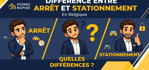 An illustrated blog thumbnail titled in French, 'DIFFÉRENCE ENTRE ARRÊT ET STATIONNEMENT En Belgique' (Difference Between Stopping and Parking in Belgium) with 'ET' in yellow. Below the main title is 'QUELLES DIFFÉRENCES?' (What are the differences?). The image is structured in three panels against a dark blue background with yellow geometric accents. In the far-left panel, for 'ARRÊT', a thoughtful bearded man with a hand on his chin is surrounded by car and clock icons. In the central panel, a questioning-looking man is with multiple question mark icons. In the far-right panel, for 'STATIONNEMENT', a happy man with a thumbs-up pose is with car icons and a large padlock icon. The 'PERMIS RAPIDE' logo with a car is in the top left corner.