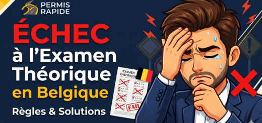 A blog thumbnail titled 'Échec à l'Examen Théorique en Belgique: Règles & Solutions' with the Permis Rapide logo in the top left. On the right, a stressed and sweating cartoon man in a blue suit holds his hand to his forehead in frustration. Next to him is a failed multiple-choice test paper marked with red Xs, a 'FAIL' stamp, and a small Belgian flag, all set against a dark blue background with yellow geometric accents.
