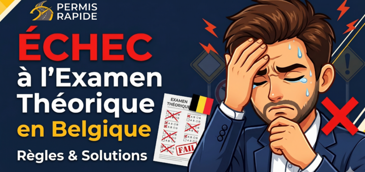 A blog thumbnail titled 'Échec à l'Examen Théorique en Belgique: Règles & Solutions' with the Permis Rapide logo in the top left. On the right, a stressed and sweating cartoon man in a blue suit holds his hand to his forehead in frustration. Next to him is a failed multiple-choice test paper marked with red Xs, a 'FAIL' stamp, and a small Belgian flag, all set against a dark blue background with yellow geometric accents.