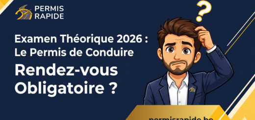 A dark blue infographic with yellow geometric accents and the 'PERMIS RAPIDE' logo in the top left. The central text reads: 'Examen Théorique 2026 : Le Permis de Conduire Rendez-vous Obligatoire ?'. To the right, a cartoon illustration shows a man in a suit looking confused, scratching his head with a question mark above him. The website URL 'permisrapide.be' is at the bottom right.