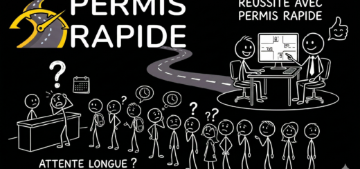 A thumbnail featuring the 'Permis Rapide' logo in the top left on a black background. The image uses stick figures to contrast two scenarios. On the left, a stressed person stands at a counter with a long, frustrated line of waiting people behind them, accompanied by the text 'ATTENTE LONGUE ? (Long Wait?)'. A winding road leads from the logo to the right side, where a happy student is taking a driving simulation on a computer while an instructor gives a thumbs up, under the text 'RÉUSSITE AVEC PERMIS RAPIDE'.