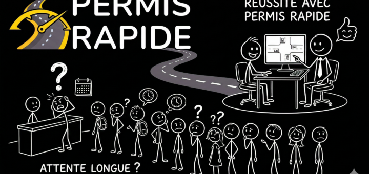 A thumbnail featuring the 'Permis Rapide' logo in the top left on a black background. The image uses stick figures to contrast two scenarios. On the left, a stressed person stands at a counter with a long, frustrated line of waiting people behind them, accompanied by the text 'ATTENTE LONGUE ? (Long Wait?)'. A winding road leads from the logo to the right side, where a happy student is taking a driving simulation on a computer while an instructor gives a thumbs up, under the text 'RÉUSSITE AVEC PERMIS RAPIDE'.