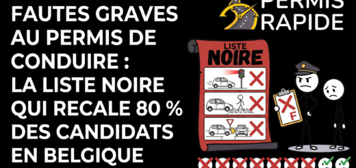 An infographic summary thumbnail for the article titled 'FAUTES GRAVES AU PERMIS DE CONDUIRE : LA LISTE NOIRE QUI RECALE 80 % DES CANDIDATS EN BELGIQUE' from 'PERMIS RAPIDE'. The image provides a visual guide to a black list of serious driving faults in Belgium, featuring specific illustrated failure scenarios like jumping a red light and ignoring pedestrian crossings. Stick figures depict an examiner failing a dejected candidate, and a data-driven icon graphic below details the high failure rate, with text confirming '* 8 pour 10 recalés suite à ces fautes' (8 out of 10 failed due to these faults).