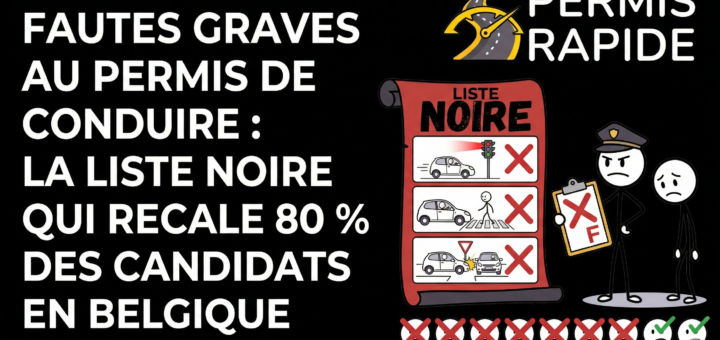An infographic summary thumbnail for the article titled 'FAUTES GRAVES AU PERMIS DE CONDUIRE : LA LISTE NOIRE QUI RECALE 80 % DES CANDIDATS EN BELGIQUE' from 'PERMIS RAPIDE'. The image provides a visual guide to a black list of serious driving faults in Belgium, featuring specific illustrated failure scenarios like jumping a red light and ignoring pedestrian crossings. Stick figures depict an examiner failing a dejected candidate, and a data-driven icon graphic below details the high failure rate, with text confirming '* 8 pour 10 recalés suite à ces fautes' (8 out of 10 failed due to these faults).
