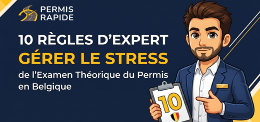 A blog post thumbnail image on a dark blue background with yellow geometric shapes. A male cartoon avatar in a blue suit points to a text block and holds a clipboard with the number '10' and a Belgian flag. Text reads: '10 RÈGLES D'EXPERT', with 'GÉRER LE STRESS' in large yellow font, 'de l'Examen Théorique du Permis', 'en Belgique'. The 'PERMIS RAPIDE' logo is at the top left.