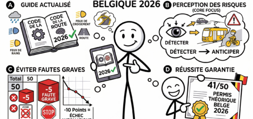 An intricate French language infographic titled "GUIDE COMPLET ET ACTUALISÉ BELGIQUE 2026" provides a step-by-step breakdown of the updated driving theory test in Belgium. The clean, modern illustration style features a central smiling stick figure character, who holds a tablet displaying a book with a green checkmark, while surrounded by four detailed sections. Section A, "GUIDE ACTUALISÉ," features an open book labeled "CODE DE LA ROUTE" with various icons including a brain, gear, and rain and dipped headlight rules, signaling a "2026" updated standard. Section B, "PERCEPTION DES RISQUES," is a "CORE FOCUS" area, illustrating a large human eye with a thought bubble that visualizes a complex traffic scene with a yellow tram, distant car, cyclist, and warning sign, guided by the process "DÉTECTER" with an arrow pointing to "ANTICIPER." Section C, "ÉVITER FAUTES GRAVES," displays a points matrix and a graph showing a decreasing line from 50. Large red blocks show deductions of "-5" for errors, with the note "-10 Points = ÉCHEC AUTOMATIQUE," emphasizing the importance of avoiding critical faults like running a "STOP" sign. Section D, "RÉUSSITE GARANTIE," concludes with a smiling stick figure pointing to a framed certificate that reads "41/50 PERMIS THÉORIQUE BELGE 2026," marked with a green checkmark rosette and a Belgian flag, representing a successful passing score.