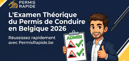 A promotional banner with a dark navy blue background and abstract yellow graphic accents. At the top left, the 'Permis Rapide' logo and text. Prominent white text reads, "L'Examen Théorique du Permis de Conduire en Belgique 2026" with smaller text below: "Réussissez rapidement avec PermisRapide.be". A cheerful cartoon illustration of a smiling man in a suit stands on the right, giving a thumbs-up and holding a clipboard. The clipboard's top text is "ADMIS!" (PASSED!) in green, above two panels labelled 1 and 2, both displaying a 'Dangerous Incline (10%)' road sign with a green checkmark.