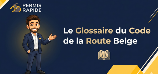 A thumbnail graphic for Permis Rapide with a dark blue background and yellow geometric accents. On the left, a cartoon illustration of a smiling man in a blue suit gestures welcomingly toward the center text, which reads 'Le Glossaire du Code de la Route Belge'. Below the text is a small icon of an open book.
