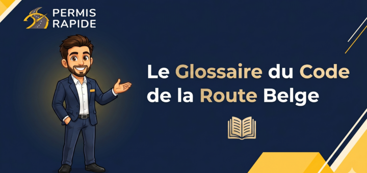 A thumbnail graphic for Permis Rapide with a dark blue background and yellow geometric accents. On the left, a cartoon illustration of a smiling man in a blue suit gestures welcomingly toward the center text, which reads 'Le Glossaire du Code de la Route Belge'. Below the text is a small icon of an open book.