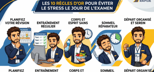 An infographic in French presents "10 Golden Rules to Avoid Stress on Exam Day," organized into five illustrated columns. The columns, marked by a man in a blue suit, feature text above and below the illustrations, which are, from left to right: "Planifier Votre Révision," with the man in thought next to a marked-up calendar; "Entrainement Régulier," showing the man taking practice tests on a computer; "Corps et Esprit Sains," depicting the man holding a water bottle and a bowl of fruit with a clock; "Sommeil Réparateur," showing the man sleeping soundly on a pillow with a clock showing 8 hours of sleep; and "Départ Organisé et Serein," illustrating the man holding car keys, a lanyard, and a folder, with all icons and text elements connected by yellow-bordered blue chevrons and a large "Permis Rapide" logo at the top right.
