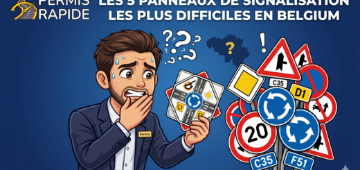 An illustrative blog graphic for Permis Rapide on a blue background. A stressed cartoon man in a suit with a "Permis" nametag sweats and looks bewildered at a chaotic pile of various Belgian road signs, holding a confusing sign. Above, a French title reads: "LES 5 PANNEAUX DE SIGNALISATION LES PLUS DIFFICILES EN BELGIUM" with the Permis Rapide logo. A Belgian map outline with a question mark is also visible. The website "permisrapide.be" is at the bottom.