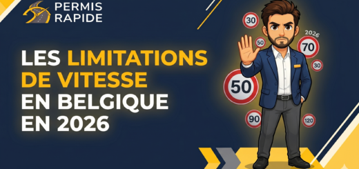 A graphic illustration for a service named 'Permis Rapide', featuring a serious cartoon man in a blue suit making a 'stop' gesture with his hand. The central text reads, 'LES LIMITATIONS DE VITESSE EN BELGIQUE EN 2026' (Speed limits in Belgium in 2026). The man is surrounded by multiple red-circled speed limit signs with numbers like 30, 50, 70, 90, and 120, and a small sign labeled '2026', against a dark blue background with geometric accents.
