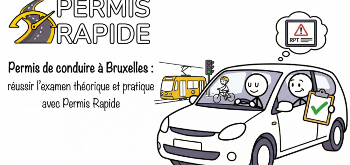 Gemini said This is a cartoon illustration in landscape orientation for the "Permis Rapide" driving school blog in Brussels. The left side features a full "Permis Rapide" logo, which includes a winding grey road, a yellow speedometer gauge with an arrow, and the text 'PERMIS RAPIDE' in a clean, hand-drawn white font. Below the logo is a prominent, well-formatted French title that reads: 'Permis de conduire à Bruxelles : réussir l’examen théorique et pratique avec Permis Rapide'. On the right side, the exact same white hatchback car from the original image is depicted, in the same static position. Inside, the smiling stick-figure driver and passenger are retained, with the passenger still holding the wooden clipboard that has a large green checkmark. Above the passenger's head is the thought bubble with the red alert triangle and the text 'RPT'. The background elements, including the yellow and black tram, the cyclist, and the green traffic light, remain in place behind the car. The style is clean line art with limited, flat colors.