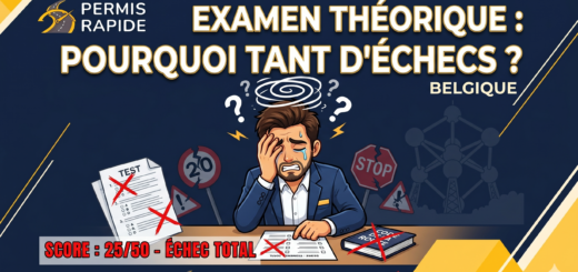 Miniature pour le site Permis Rapide avec le titre principal 'EXAMEN THÉORIQUE : POURQUOI TANT D'ÉCHECS ? BELGIQUE'. Au centre, un avatar masculin en costume semble désespéré et pleure, la tête dans la main, entouré de symboles de confusion. Sur le bureau devant lui se trouvent un test barré d'une grande croix rouge et la mention 'SCORE : 25/50 - ÉCHEC TOTAL'. En arrière-plan, on distingue des panneaux de signalisation brisés et la silhouette de l'Atomium sur un fond bleu foncé avec des accents jaunes.