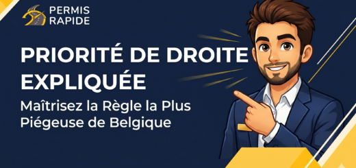 A video thumbnail graphic for "Permis Rapide" on a dark blue and yellow geometric background, explaining the Belgian right-of-way driving rule. Large white text on the left reads: "PRIORITÉ DE DROITE EXPLIQUÉE" (Right-of-Way Rule Explained) with a subtitle below: "Maîtrisez la Règle la Plus Piégeuse de Belgique" (Master the Trickiest Rule in Belgium). The Permis Rapide logo is in the top-left corner. On the right, a smiling, well-dressed man with a beard points towards the text.
