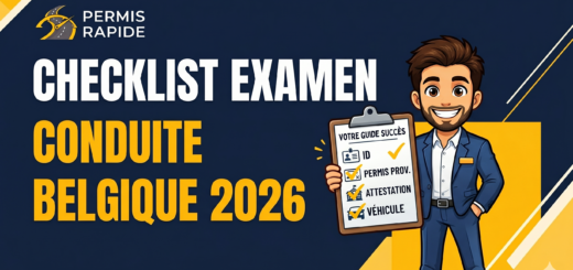 An illustrated blog thumbnail on a dark blue background with yellow geometric accents and the "Permis Rapide" logo in the top left. Large bold text on the left reads "CHECKLIST EXAMEN CONDUITE BELGIQUE 2026". On the right, a smiling cartoon man in a blue suit holds a clipboard titled "VOTRE GUIDE SUCCÈS" showing a completed checklist for ID, provisional license, attestation, and vehicle.