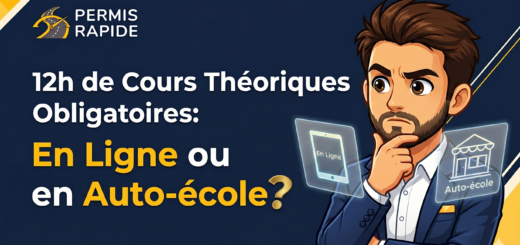 Thumbnail for Permis Rapide featuring the text '12h de Cours Théoriques Obligatoires: En Ligne ou en Auto-école?'. An illustrated man in a blue suit looks thoughtful as he considers two holographic icons: a tablet labeled 'En Ligne' and a storefront labeled 'Auto-école'.