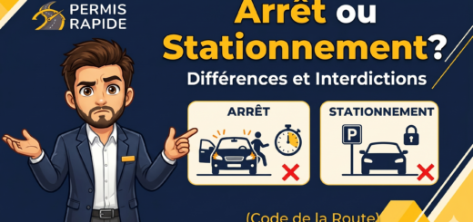Thumbnail for 'Permis Rapide'. An illustrated man in a suit with a questioning expression points towards the main text: 'Arrêt ou Stationnement? Différences et Interdictions (Code de la Route)'. Next to him are two comparison graphics: one labeled 'ARRÊT' showing a driver exiting a car next to a timer and a red X, and another labeled 'STATIONNEMENT' showing a locked car next to a parking sign and a red X.