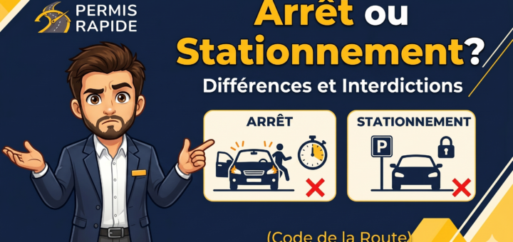 Thumbnail for 'Permis Rapide'. An illustrated man in a suit with a questioning expression points towards the main text: 'Arrêt ou Stationnement? Différences et Interdictions (Code de la Route)'. Next to him are two comparison graphics: one labeled 'ARRÊT' showing a driver exiting a car next to a timer and a red X, and another labeled 'STATIONNEMENT' showing a locked car next to a parking sign and a red X.