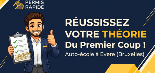 A thumbnail for a driving school in Evere, Brussels, titled "Auto-école à Evere (Bruxelles): Réussissez Votre Théorie du Premier Coup". A smiling male avatar in a blue suit holds a clipboard with green checkmarks and gives a thumbs-up, against a dark blue and yellow geometric background with the "Permis Rapide" logo.