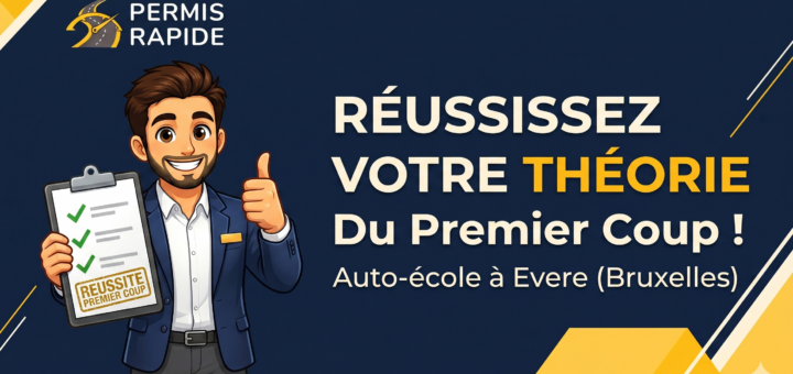 A thumbnail for a driving school in Evere, Brussels, titled "Auto-école à Evere (Bruxelles): Réussissez Votre Théorie du Premier Coup". A smiling male avatar in a blue suit holds a clipboard with green checkmarks and gives a thumbs-up, against a dark blue and yellow geometric background with the "Permis Rapide" logo.
