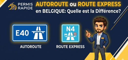 Thumbnail titled "Autoroute ou Route Express en Belgique: Quelle est la Différence?" alongside the Permis Rapide logo, Belgian road signs for E40 and N4, and an illustrated man pointing at the signs.