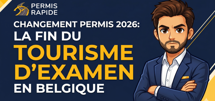 A blog thumbnail for Permis Rapide featuring a determined cartoon man in a blue suit with crossed arms. The text on the dark blue background reads: "CHANGEMENT PERMIS 2026: LA FIN DU TOURISME D'EXAMEN EN BELGIQUE"