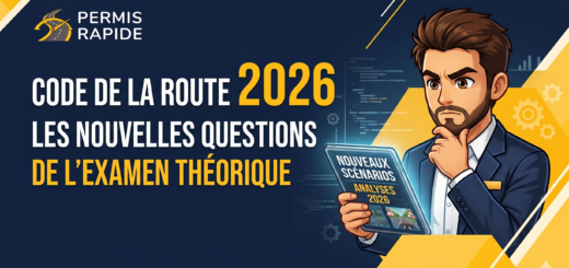 Thumbnail graphic with a dark blue background and yellow geometric accents. In the top left is the Permis Rapide logo. Large text reads 'CODE DE LA ROUTE 2026: LES NOUVELLES QUESTIONS DE L'EXAMEN THÉORIQUE'. On the right, a cartoon avatar of a man in a blue suit looks thoughtfully at a tablet displaying the words 'NOUVEAUX SCÉNARIOS' and 'ANALYSES 2026'.