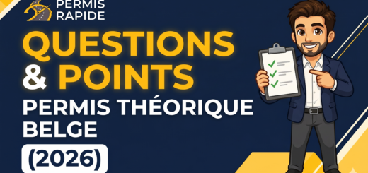 A graphic for Permis Rapide about the Belgian theoretical driving exam. Text reads: QUESTIONS & POINTS, PERMIS THÉORIQUE BELGE (2026). A smiling cartoon man points to a clipboard with checkmarks. The Permis Rapide logo is in the top left.