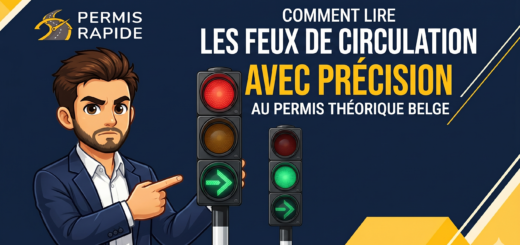 An educational graphic or video thumbnail featuring a serious, attentive cartoon man in a navy blazer gesturing towards two red traffic lights. Text to the right reads, 'COMMENT LIRE LES FEUX DE CIRCULATION AVEC PRÉCISION AU PERMIS THÉORIQUE BELGE' (How to Read Traffic Lights Precisely for the Belgian Theory Test). The 'Permis Rapide' logo is in the upper left, against a clean dark blue background with yellow accents.