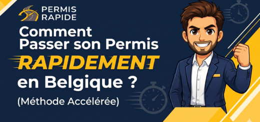 A blog thumbnail with a professional yet celebratory tone. On the right side, against a dark blue background with yellow geometric accents and floating stopwatch speed icons, stands a smiling cartoon man in a blue blazer and white shirt (based on image_0.png's style), making a triumphant, celebrating fist gesture. The main title text is on the left and center: "Comment Passer son Permis" in white, below which is "RAPIDEMENT" in a larger, bold, yellow-to-orange gradient text with speed lines, followed by "en Belgique ?" in white, and "(Méthode Accélérée)" in smaller white text. In the top-left corner is a logo with a speed gauge and the text "PERMIS RAPIDE". The overall effect is high-quality and dynamic.