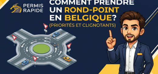 An instructional infographic thumbnail, set against a navy blue and yellow geometric background, titled in large French text: "COMMENT PRENDRE UN ROND-POINT EN BELGIQUE ? (PRIORITÉS ET CLIGNOTANTS)". In the top-left corner, there is a logo with a steering wheel and the text "PERMIS RAPIDE". On the left side of the title, a detailed vector illustration shows an aerial, top-down view of a multi-lane roundabout with multiple model cars moving through it, guided by directional arrows on the road and A1a yield signs, visually demonstrating correct priority rules and turning procedures. On the right, a vector character of a man in a blue blazer smiles and points upwards with one finger in an explanatory pose.