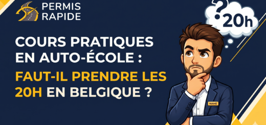 Thumbnail for Permis Rapide featuring a dark blue background with yellow geometric accents. Large text reads: 'COURS PRATIQUES EN AUTO-ÉCOLE : FAUT-IL PRENDRE LES 20H EN BELGIQUE ?' On the right, an animated man in a suit looks thoughtful with his hand on his chin, while a thought bubble above his head shows a question mark and the text '20h'.