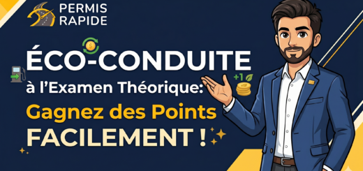 Vignette Permis Rapide avec le texte : "Éco-conduite à l'Examen Théorique : Gagnez des Points Facilement !". Un avatar d'homme souriant en costume bleu présente le texte, entouré d'icônes symbolisant des économies de carburant et des points bonus.