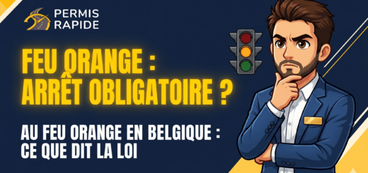 Thumbnail for Permis Rapide with the text 'Feu orange : arrêt obligatoire ? Au feu orange en Belgique : ce que dit la loi'. Beside the text is an illustration of a thoughtful man looking at a traffic light displaying an orange light.