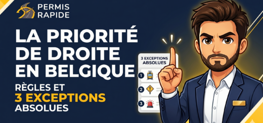Thumbnail for Permis Rapide titled 'La priorité de droite en Belgique: Règles et 3 exceptions absolues'. A serious illustrated man in a blue suit points his finger up toward a graphic listing three exceptions represented by icons: a tram, a yield sign, and an emergency siren.