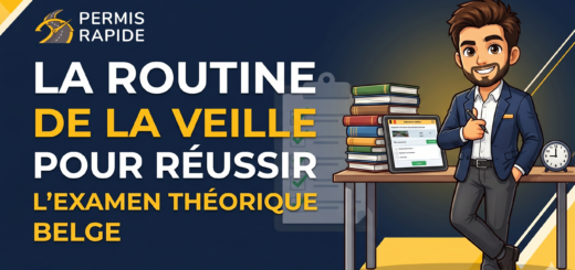 A cartoon illustration for a driving license guide titled 'LA ROUTINE DE LA VEILLE POUR RÉUSSIR L'EXAMEN THÉORIQUE BELGE' (The Day Before Routine to Pass the Belgian Theoretical Exam) from 'PERMIS RAPIDE'. It shows a smiling cartoon man in a blue business suit, leaning confidently on a desk holding a tablet and a pen. The desk is arranged with a stack of books and an analog clock. The background is a professional dark blue slide with geometric yellow and white stripes and the 'Permis Rapide' logo in the top left.