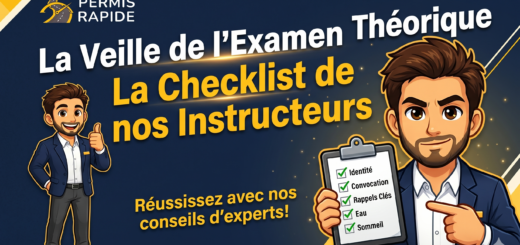 Thumbnail for Permis Rapide titled 'La Veille de l'Examen Théorique: La Checklist de nos Instructeurs'. A confident cartoon instructor in a blue blazer points to a clipboard checklist containing the items 'Identité', 'Convocation', 'Rappels Clés', 'Eau', and 'Sommeil'. A smaller version of the instructor stands to the left giving a thumbs-up. Text at the bottom reads 'Réussissez avec nos conseils d'experts!
