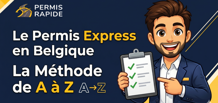 An illustrated graphic for a fast driving license service in Belgium. A smiling cartoon man in a blue suit points to a clipboard with three green checkmarks, indicating a completed checklist. Text to the left reads, "Le Permis Express en Belgique" and below it, "La Méthode de A à Z". The "PERMIS RAPIDE" logo with a steering wheel and road icon is in the top-left corner.