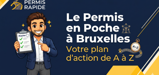 Thumbnail graphic with a dark blue background and yellow geometric accents. On the left, a cheerful cartoon man in a blue blazer points to a clipboard with green checkmarks. The text reads "PERMIS RAPIDE" in the top left corner, and the main title says "Le Permis en Poche à Bruxelles, Votre plan d'action de A à Z" in white and yellow lettering. The title is decorated with small icons of the Atomium and a winding road leading to a stopwatch.