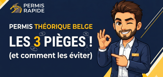 A promotional thumbnail with a dark blue background and yellow and white geometric accents. In the top-left, a logo featuring a road and speedometer icon reads "PERMIS RAPIDE". Large text in white and yellow is centered and reads: "PERMIS THÉORIQUE BELGE", followed by the main title, "LES 3 PIÈGES !", and in smaller text below, "(et comment les éviter)". Subtle icons of bear traps float around the word "PIÈGES". On the right side, a cartoon illustration of a confident, winking man with a beard, wearing a navy blue suit and a gold nametag, makes an "OK" sign with one hand and points toward the text with the other.
