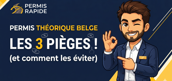 A promotional thumbnail with a dark blue background and yellow and white geometric accents. In the top-left, a logo featuring a road and speedometer icon reads "PERMIS RAPIDE". Large text in white and yellow is centered and reads: "PERMIS THÉORIQUE BELGE", followed by the main title, "LES 3 PIÈGES !", and in smaller text below, "(et comment les éviter)". Subtle icons of bear traps float around the word "PIÈGES". On the right side, a cartoon illustration of a confident, winking man with a beard, wearing a navy blue suit and a gold nametag, makes an "OK" sign with one hand and points toward the text with the other.