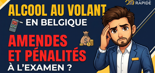 An illustrative video thumbnail about drunk driving in Belgium. The main text, in bold yellow and red French letters, reads: 'ALCOOL AU VOLANT EN BELGIQUE. AMENDES ET PÉNALITÉS À L’EXAMEN ?'. To the left are icons of a bag of money and a breathalyzer showing a "fail" screen. On the right, an illustrated man in a blue suit has a worried expression with his hand on his forehead. The top-right corner features the 'Permis Rapide' driving school logo. The background is dark blue with yellow geometric shapes.