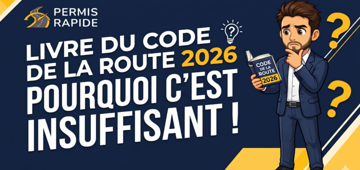 Permis Rapide thumbnail featuring the bold text "LIVRE DU CODE DE LA ROUTE 2026: POURQUOI C'EST INSUFFISANT !". Next to the text, a thoughtful cartoon man in a suit strokes his chin while holding a driving code book, surrounded by floating yellow question marks against a dark blue and yellow background.