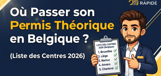 A blog thuumbnail from 'PERMIS RAPIDE' featuring a smiling cartoon man in a navy blue suit holding a clipboard against a dark blue background with yellow abstract geometric designs. Large white and yellow text across the image asks: "Où Passer son Permis Théorique en Belgique ? (Liste des Centres 2026)". The clipboard held by the man contains text: "LISTE DES CENTRES 2026 (Belgique)". Below it is a numbered list with green checkmarks listing: 1. Bruxelles, 2. Liège, 3. Namur, 4. Anvers, 5. Charleroi.
